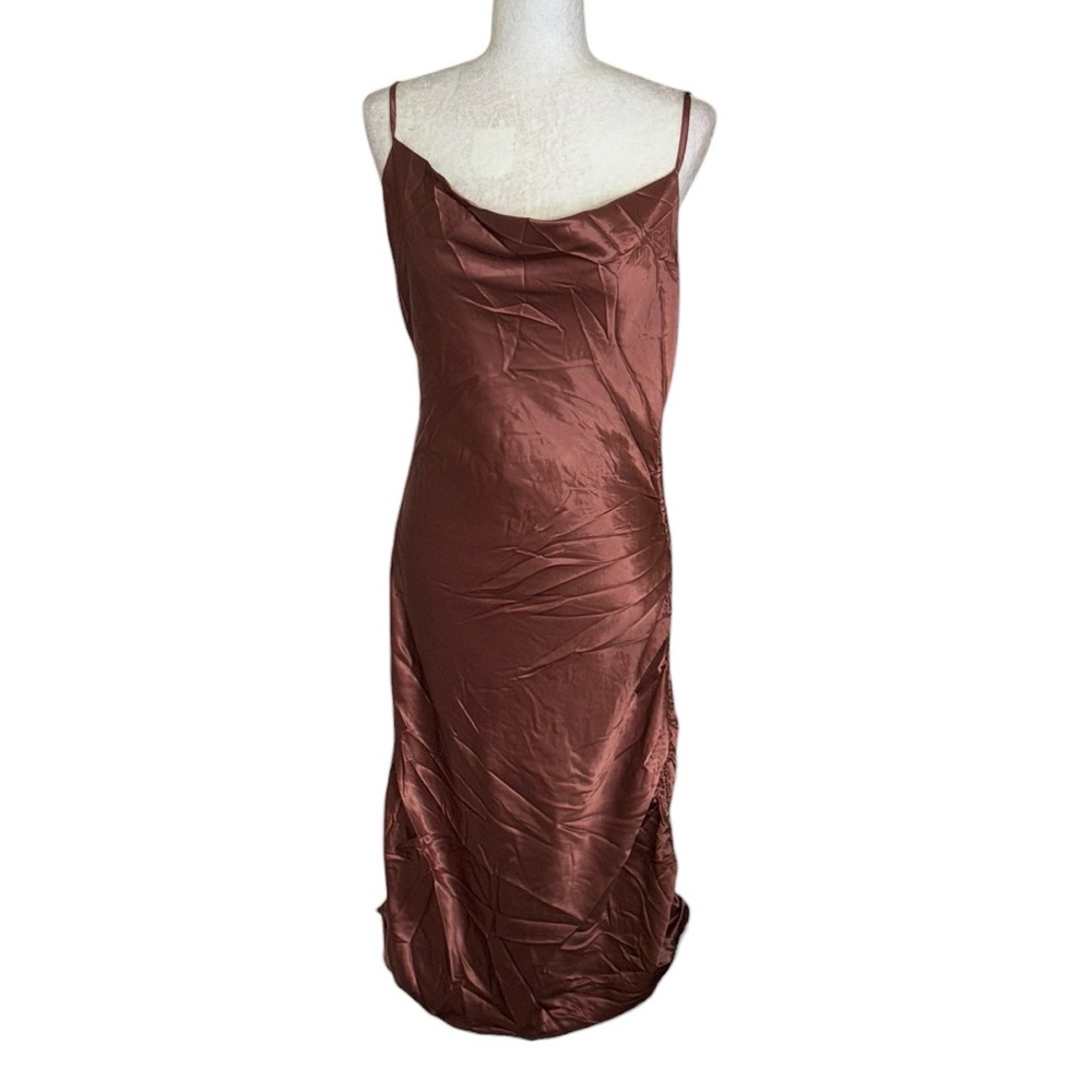 Donnee Par Dieu Brown Satin Ruched Drawstring Slip Mini / Midi Dress - M